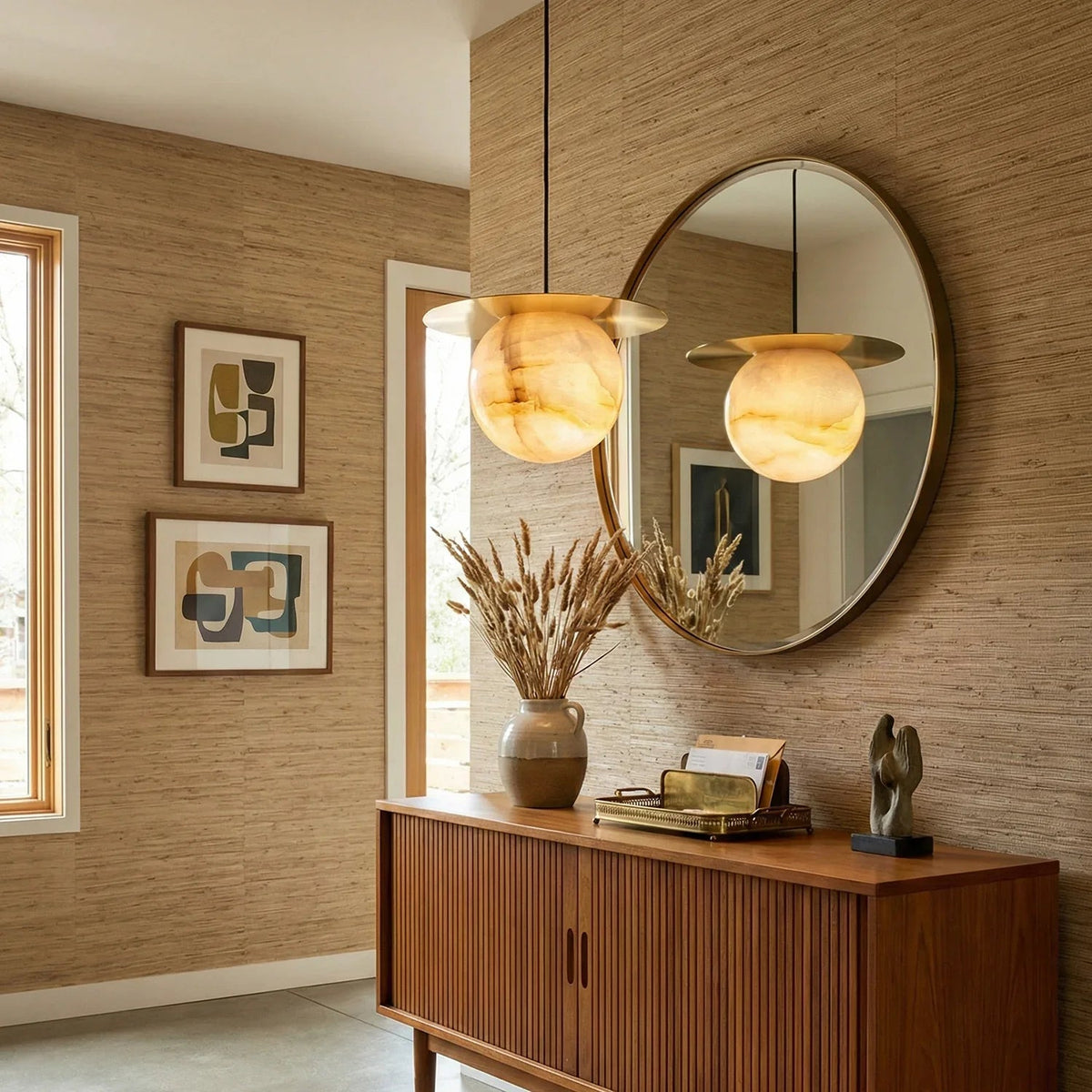 Spherical Alabaster Borra Disc Pendant Light